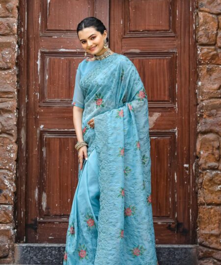 Women's Elegant Sage Green Georgette Saree with Delicate Floral Embroidery & Sequin Work – Perfect for Summer Festivities & Day Events