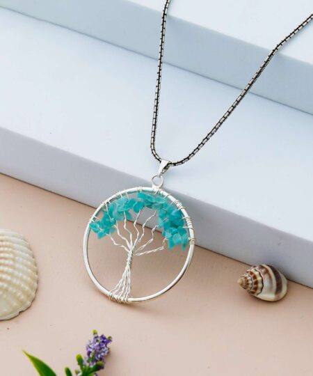 Amazonite Pendant Tree of Life Crystal Stone Pendant Locket with Metal Chain for  Healing Crystal Healing Gemstone Size 35-40 mm Amazonite