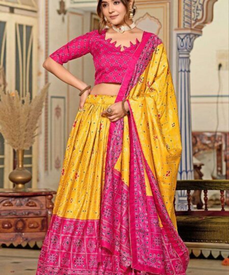 Women's Tussar Silk Patola Print Lehenga Choli Dupatta Set