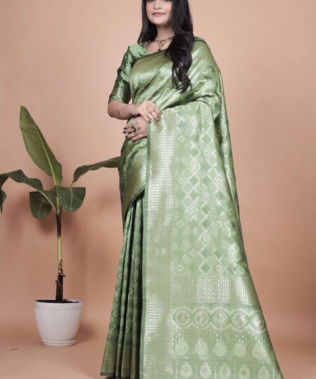 Light Green Banarasi Silk Saree with Golden Zari | Wedding, Festive & Traditional Wear | Elegant Designer Saree
