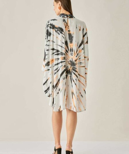 Women's Cotton Tie Dye Print Knee Length Mock Neck, Long Sleeve Kaftan Drees ( Black White )