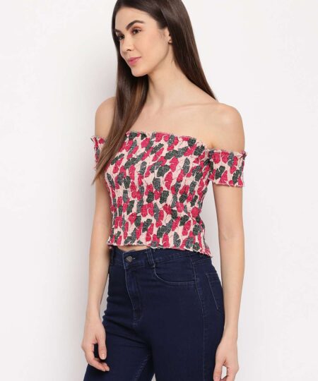 Women's Rayon Printed Off-Shoulder Smocked Crop Top Short Sleeve Casual Styles Tank Top (FREE SIZE) Multi35