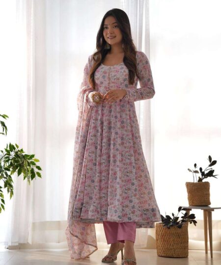 Womens Crunchy Silk Anarkali Kurti with Pant & Dupatta Set