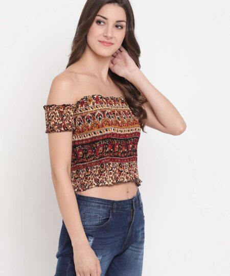 Women's Rayon Printed Off-Shoulder Smocked Crop Top Short Sleeve Casual Styles Tank Top (FREE SIZE) Multi7