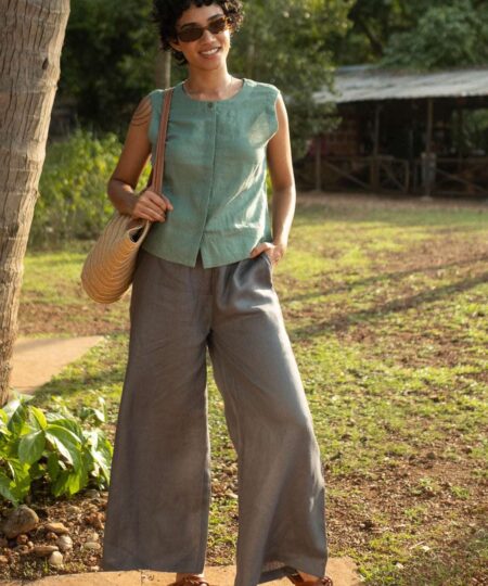 Women's Cotton Solid V Neck Sleeveless 2 Piece Outfit Loose Tank Top and Wide Leg Palazzo Pants Sets cord set ( Pista Green )