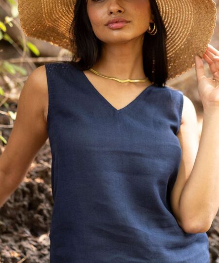 Women's Cotton Solid V Neck Sleeveless 2 Piece Outfit Loose Tank Top and Wide Leg Palazzo Pants Sets cord set ( Navy Blue-White )