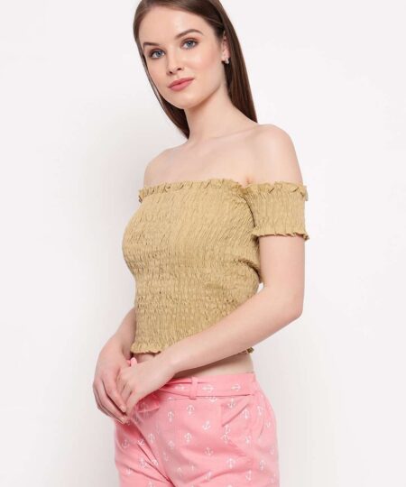 Women's Rayon Solid Off-Shoulder Smocked Crop Top Short Sleeve Casual Styles Tank Top (FREE SIZE) Multi19