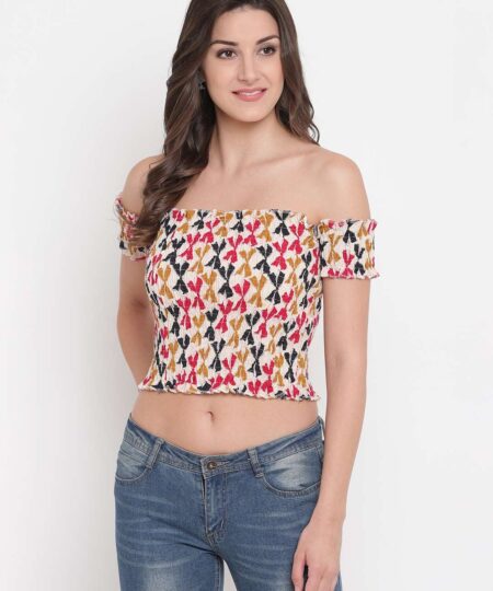 Women's Rayon Printed Off-Shoulder Smocked Crop Top Short Sleeve Casual Styles Tank Top (FREE SIZE) Multi31