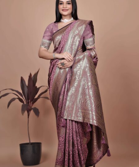 Dusty Rose Banarasi Silk Saree with Gold Zari Butti | Regal Pallu & Ornate Border | Wedding, Festival & Traditional Wear