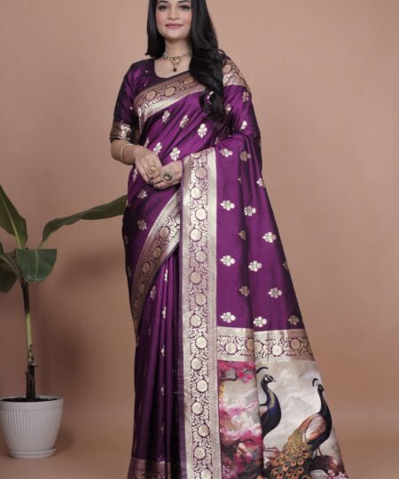 Royal Purple Banarasi Silk Saree with Golden Zari & Peacock Pallu | Wedding, Festive & Traditional Wear