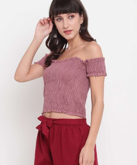 Women's Rayon Solid Off-Shoulder Smocked Crop Top Short Sleeve Casual Styles Tank Top (FREE SIZE) Multi29