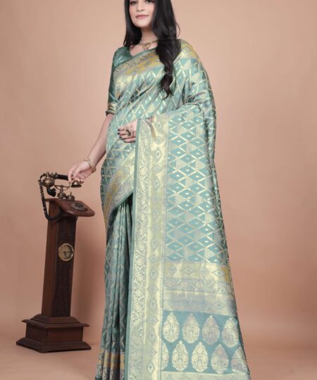 Pastel Green Banarasi Silk Saree with Golden Zari Weaving | Geometric & Floral Design | Wedding & Festive Wear Saree