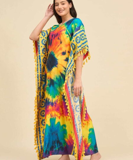 Women's Cotton Tie Dye Print Flowing Bell Sleeves Full Length Kaftan Drees Casual Beach Wear ( Multicolor )