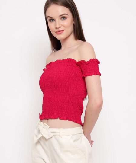 Women's Rayon Solid Off-Shoulder Smocked Crop Top Short Sleeve Casual Styles Tank Top (FREE SIZE) Multi26