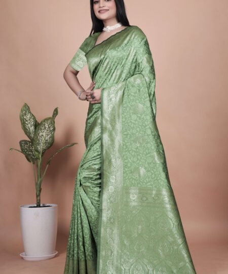 Pista Green Banarasi Silk Saree with Silver Zari Butti | Ornate Pallu & Border | Wedding, Festive & Traditional Wear