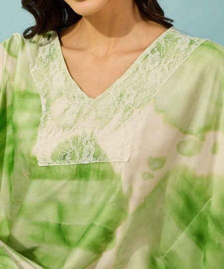 Women's Cotton Tie Dye Print Flowing Bell Sleeves Full Length Kaftan Drees Casual Beach Wear ( Green )