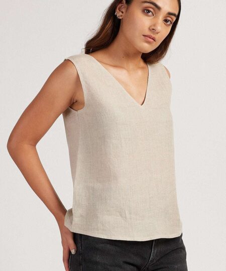 Women's Cotton Solid V Neck Sleeveless 2 Piece Outfit Loose Tank Top and Wide Leg Palazzo Pants Sets cord set ( Beige )