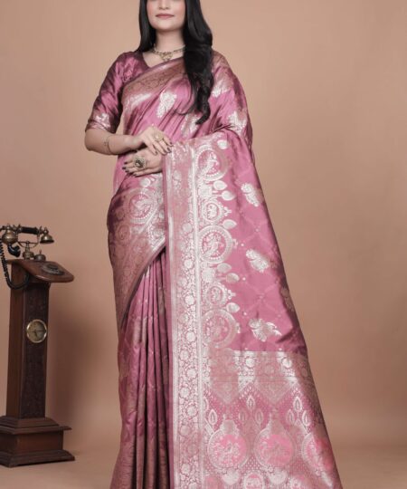Rose Pink Banarasi Silk Saree with Silver Zari | Floral & Paisley Motifs | Wedding, Festive & Traditional Wear