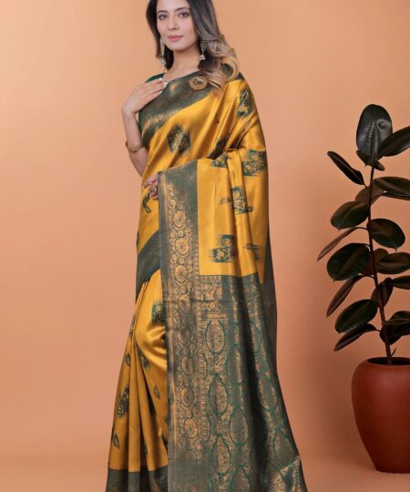 Mustard Yellow & Green Banarasi Silk Saree with Zari Weaving | Elegant Traditional Saree for Weddings, Festivals & Ethnic Occasions