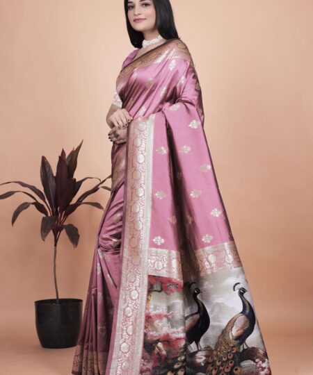 Rosewood Pink Banarasi Silk Saree with Golden Zari & Peacock Pallu | Wedding, Festive & Traditional Wear
