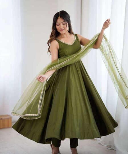 Womens Pure Romansilk Chanderi Anarkali Kurti with Pant & Dupatta Set