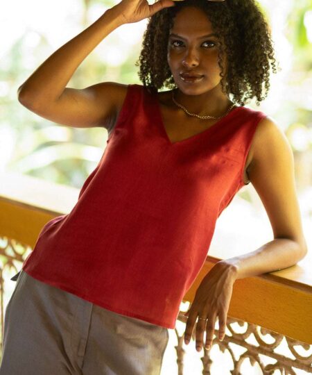 Women's Cotton Solid V Neck Sleeveless 2 Piece Outfit Loose Tank Top and Wide Leg Palazzo Pants Sets cord set ( Maroon Brown )