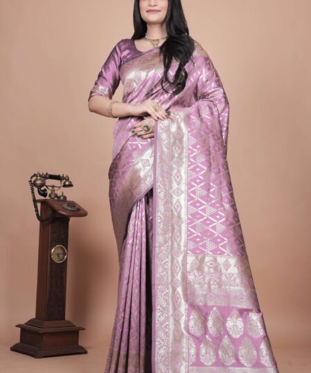 Lavender Banarasi Silk Saree with Silver Zari Geometric & Floral Weaving | Wedding & Festive Traditional Saree