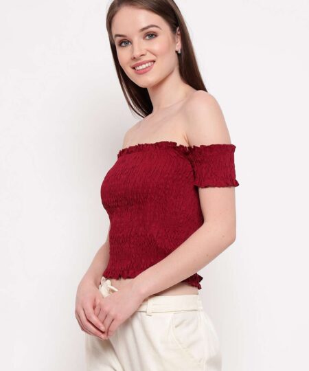 Women's Rayon Solid Off-Shoulder Smocked Crop Top Short Sleeve Casual Styles Tank Top (FREE SIZE) Multi23