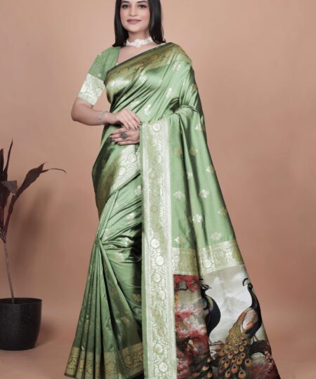 Elegant Sage Green Banarasi Silk Saree with Golden Zari Motifs & Peacock Pallu | Wedding, Festive & Traditional Wear