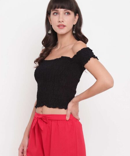 Women's Rayon Solid Off-Shoulder Smocked Crop Top Short Sleeve Casual Styles Tank Top (FREE SIZE) Multi18