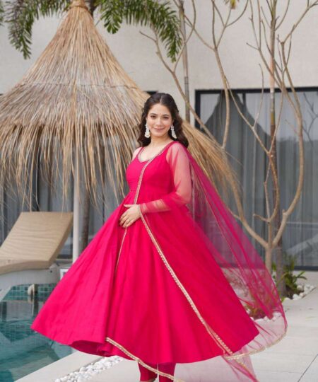 Womens Pure Romansilk Chanderi Anarkali Kurti with Pant & Dupatta Set