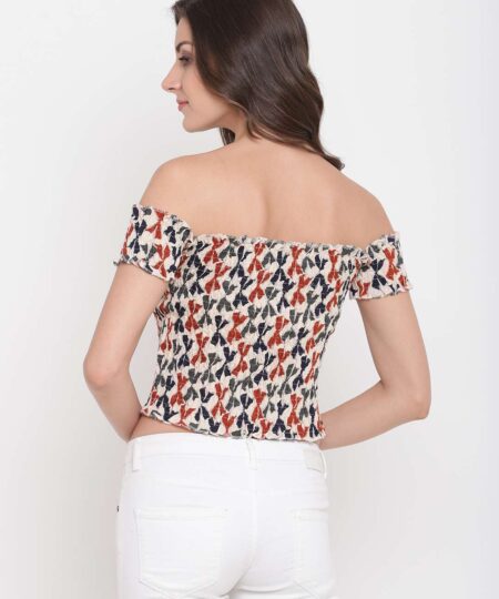 Women's Rayon Printed Off-Shoulder Smocked Crop Top Short Sleeve Casual Styles Tank Top (FREE SIZE) Multi46