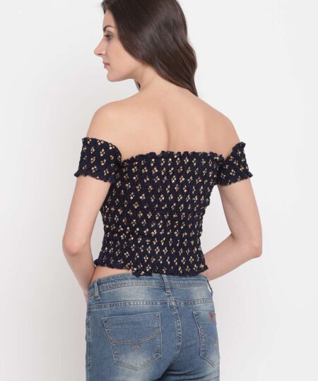 Women's Rayon Printed Off-Shoulder Smocked Crop Top Short Sleeve Casual Styles Tank Top (FREE SIZE) Multi12