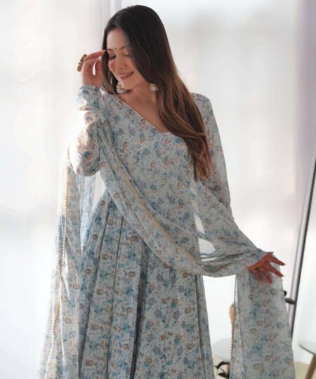 Womens Crunchy Silk Anarkali Kurti with Pant & Dupatta Set