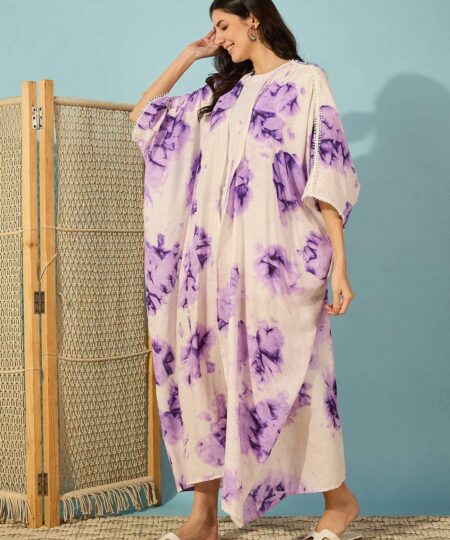 Women's Cotton Tie Dye Print Full Length Kaftan Drees Beach Cover Up, Spring Casual Wear ( Brown )