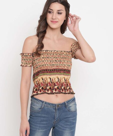 Women's Rayon Printed Off-Shoulder Smocked Crop Top Short Sleeve Casual Styles Tank Top (FREE SIZE) Multi4