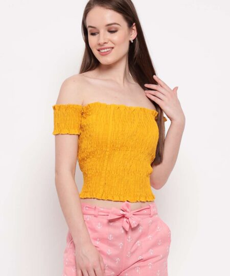 Women's Rayon Solid Off-Shoulder Smocked Crop Top Short Sleeve Casual Styles Tank Top (FREE SIZE) Multi24