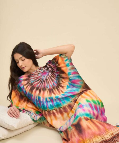 Women's Cotton Tie Dye Print Flowing Bell Sleeves Full Length Kaftan Drees Casual Beach Wear ( Turquoise Yellow )