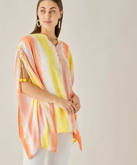 Women's Cotton Tie Dye Print Knee Length Mock Neck, Long Sleeve Kaftan Drees ( Multicolor )