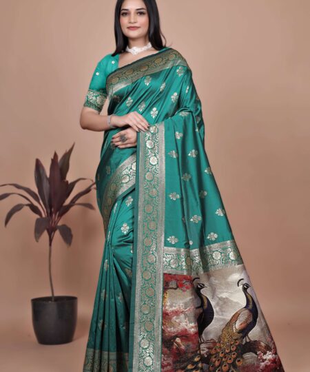 Emerald Green Banarasi Silk Saree with Golden Zari & Peacock Pallu | Wedding, Festive & Traditional Wear