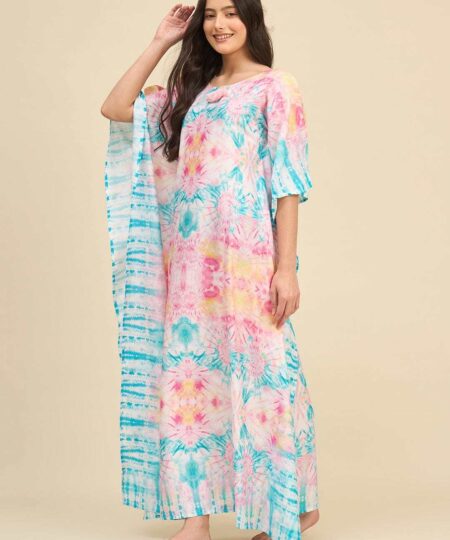 Women's Cotton Tie Dye Print Flowing Bell Sleeves Full Length Kaftan Drees Casual Beach Wear ( Multicolor1 )