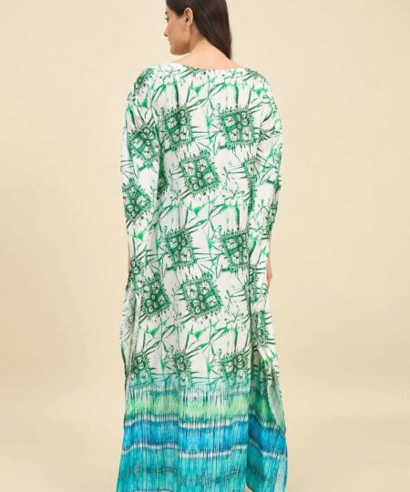 Women's Cotton Tie Dye Print Flowing Bell Sleeves Full Length Kaftan Drees Casual Beach Wear ( Green White )