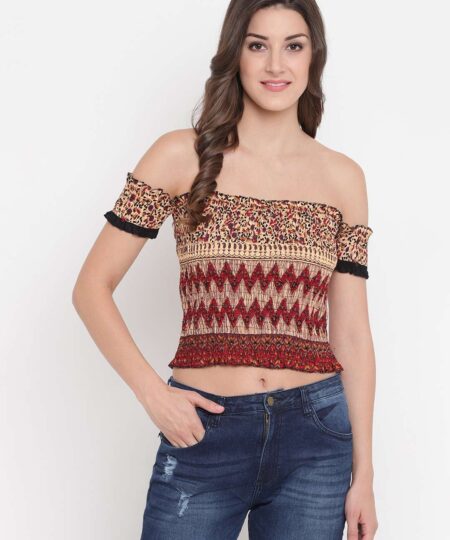 Women's Rayon Printed Off-Shoulder Smocked Crop Top Short Sleeve Casual Styles Tank Top (FREE SIZE) Multi8