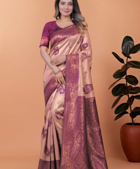 Beige & Plum Banarasi Silk Saree with Zari Weaving | Elegant Traditional Saree for Weddings, Festivals & Ethnic Occasions