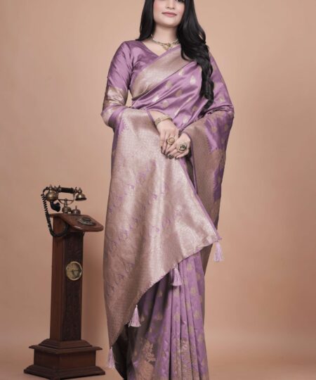 Lavender Banarasi Silk Saree with Golden Zari & Peacock Motifs | Wedding, Festive & Traditional Designer Saree