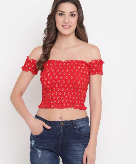Women's Rayon Printed Off-Shoulder Smocked Crop Top Short Sleeve Casual Styles Tank Top (FREE SIZE) Multi9