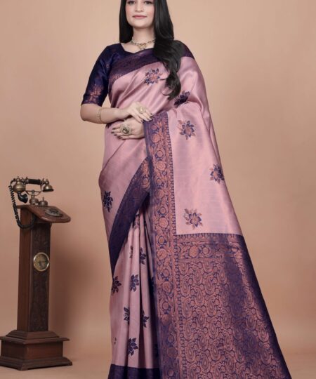 Mauve & Midnight Blue Banarasi Silk Saree with Copper Zari Lotus Motifs | Festive & Wedding Wear | Elegant Traditional Saree