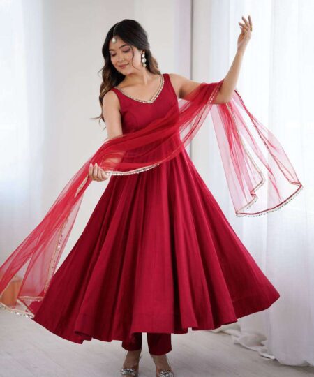 Womens Pure Romansilk Chanderi Anarkali Kurti with Pant & Dupatta Set