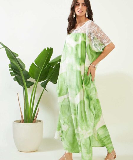 Women's Cotton Tie Dye Print Lace Trim, V-Neck, Full Length, Beach Casual Wear, Spring Collection Kaftan ( Green White )