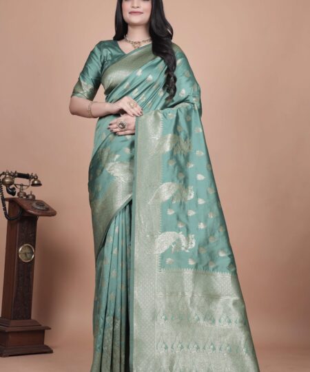Mint Green Banarasi Silk Saree with Golden Zari & Peacock Design | Wedding, Festive & Traditional Wear | Designer Saree
